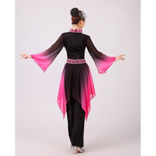 Black fuchsia gradient colored Chinese Traditional Women fan dance Dress Chinese Fairy Dress Clothing 